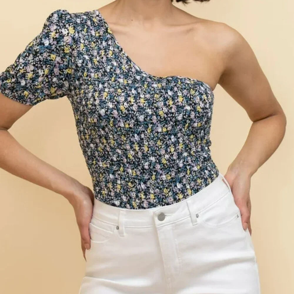 Ricki's One-Shoulder Floral Smocked Top in Navy, Yellow & Lilac - Picture 2 of 4